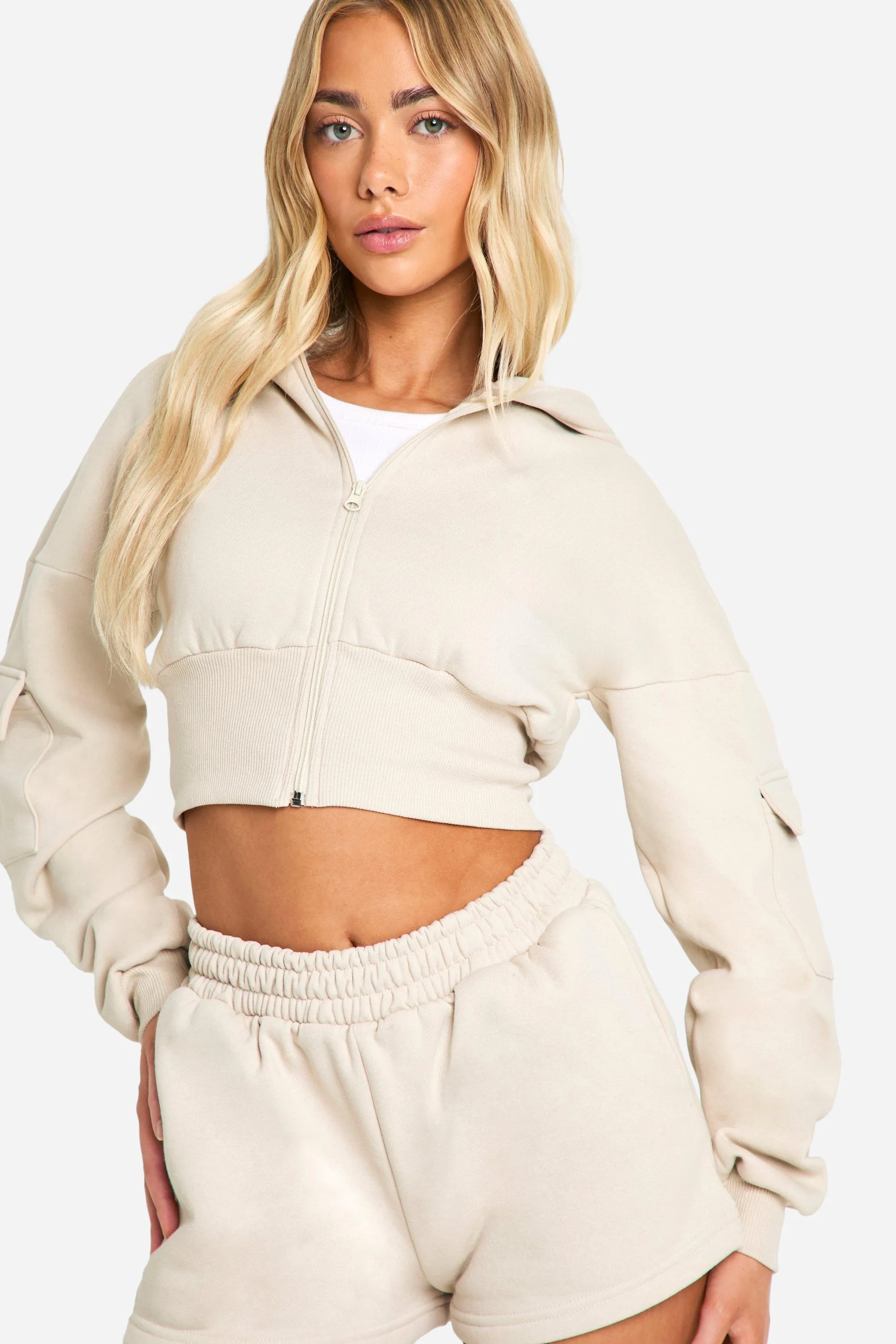 Tracksuits | Cargo Pocket Zip Through Hooded Short Tracksuit | boohoo