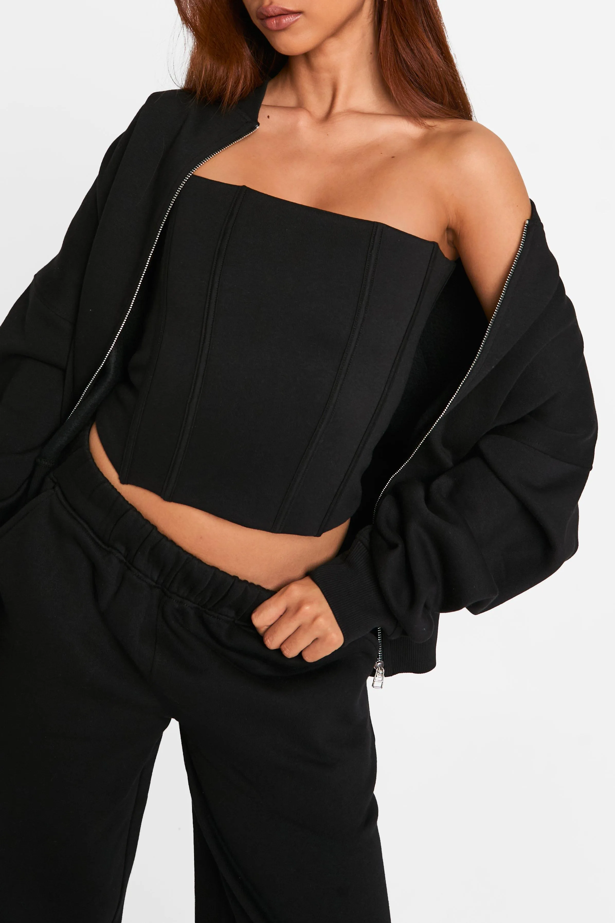 Tracksuits | Corset Top 3 Piece Bomber Sweatshirt Tracksuit | boohoo