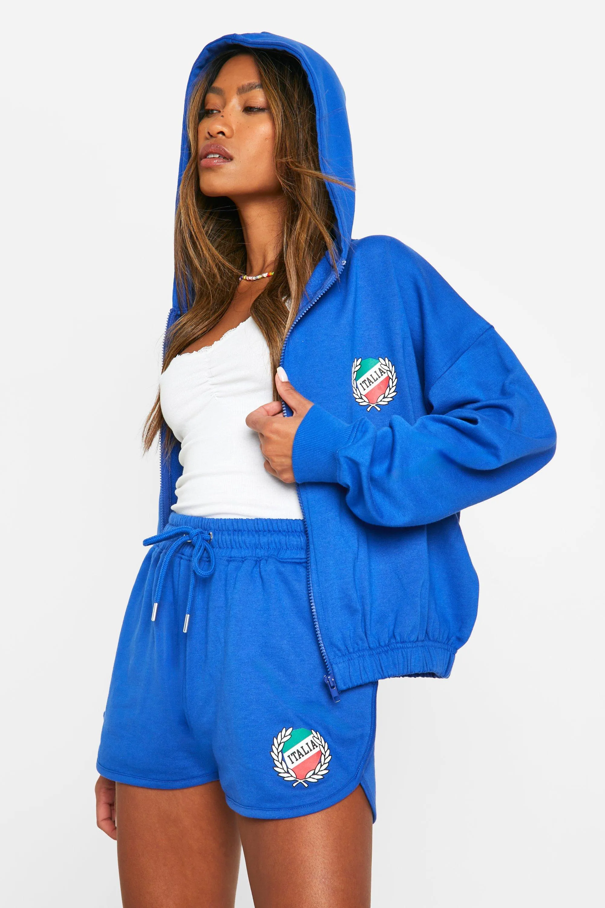 Tracksuits | Italia Slogan Zip Through Hooded Short Tracksuit | boohoo