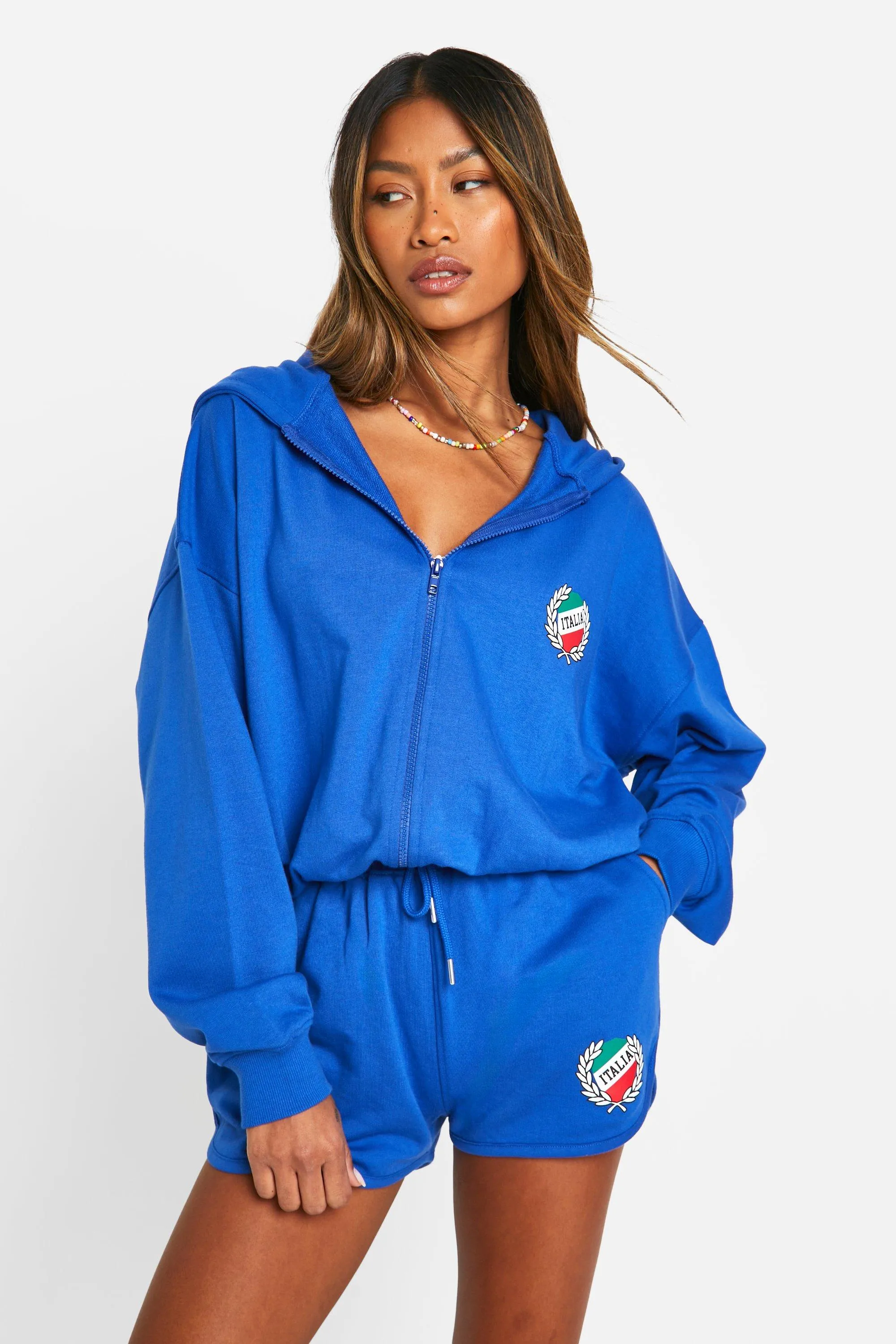 Tracksuits | Italia Slogan Zip Through Hooded Short Tracksuit | boohoo