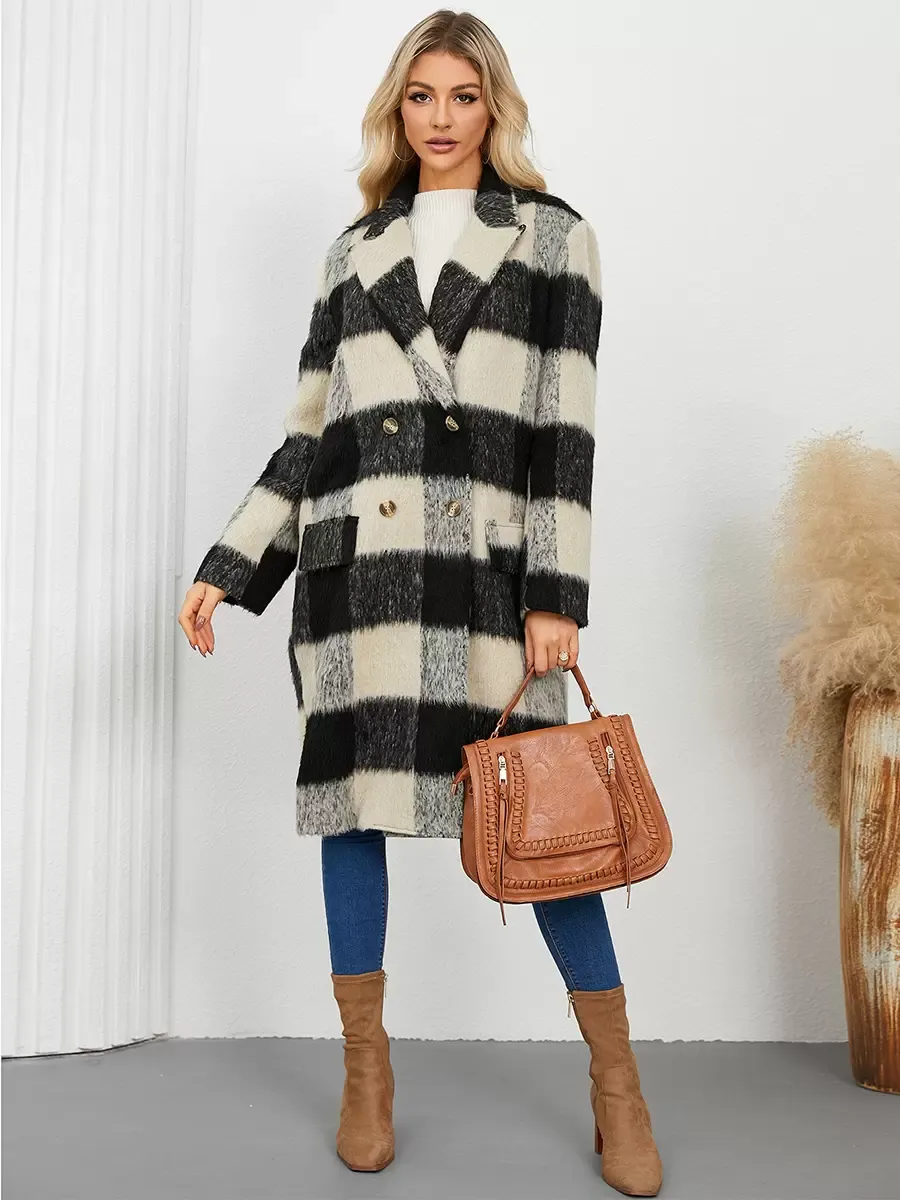 Winter Coats Apricot Turndown Collar Buttons Front Button Long Sleeves Plaid Outerwear