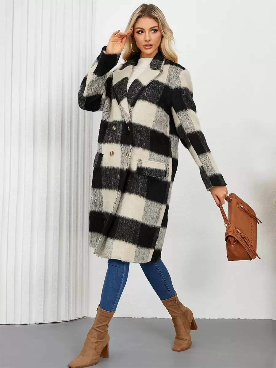 Winter Coats Apricot Turndown Collar Buttons Front Button Long Sleeves Plaid Outerwear