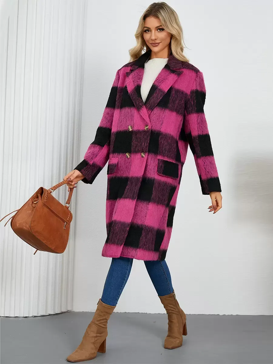 Winter Coats Apricot Turndown Collar Buttons Front Button Long Sleeves Plaid Outerwear