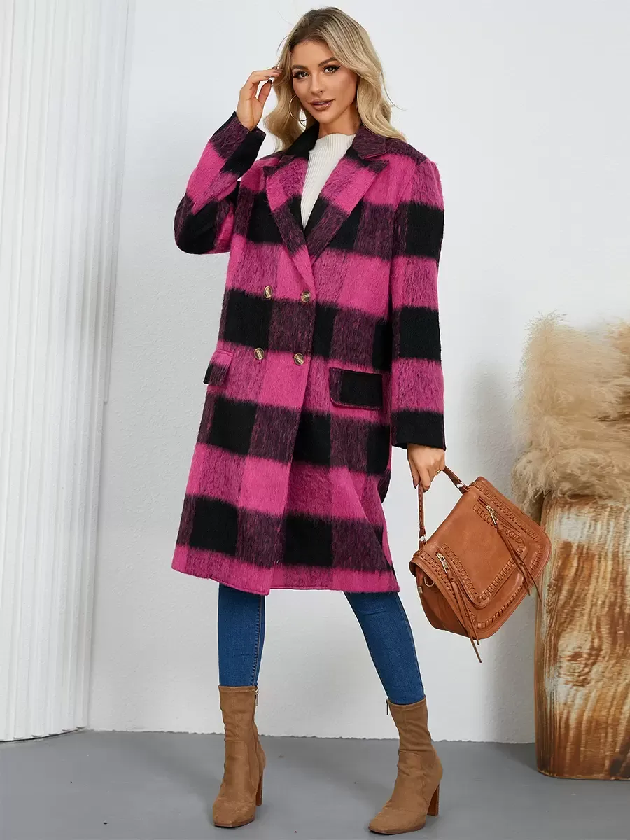 Winter Coats Apricot Turndown Collar Buttons Front Button Long Sleeves Plaid Outerwear