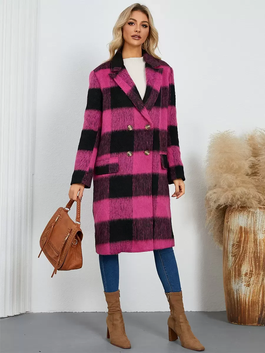 Winter Coats Apricot Turndown Collar Buttons Front Button Long Sleeves Plaid Outerwear