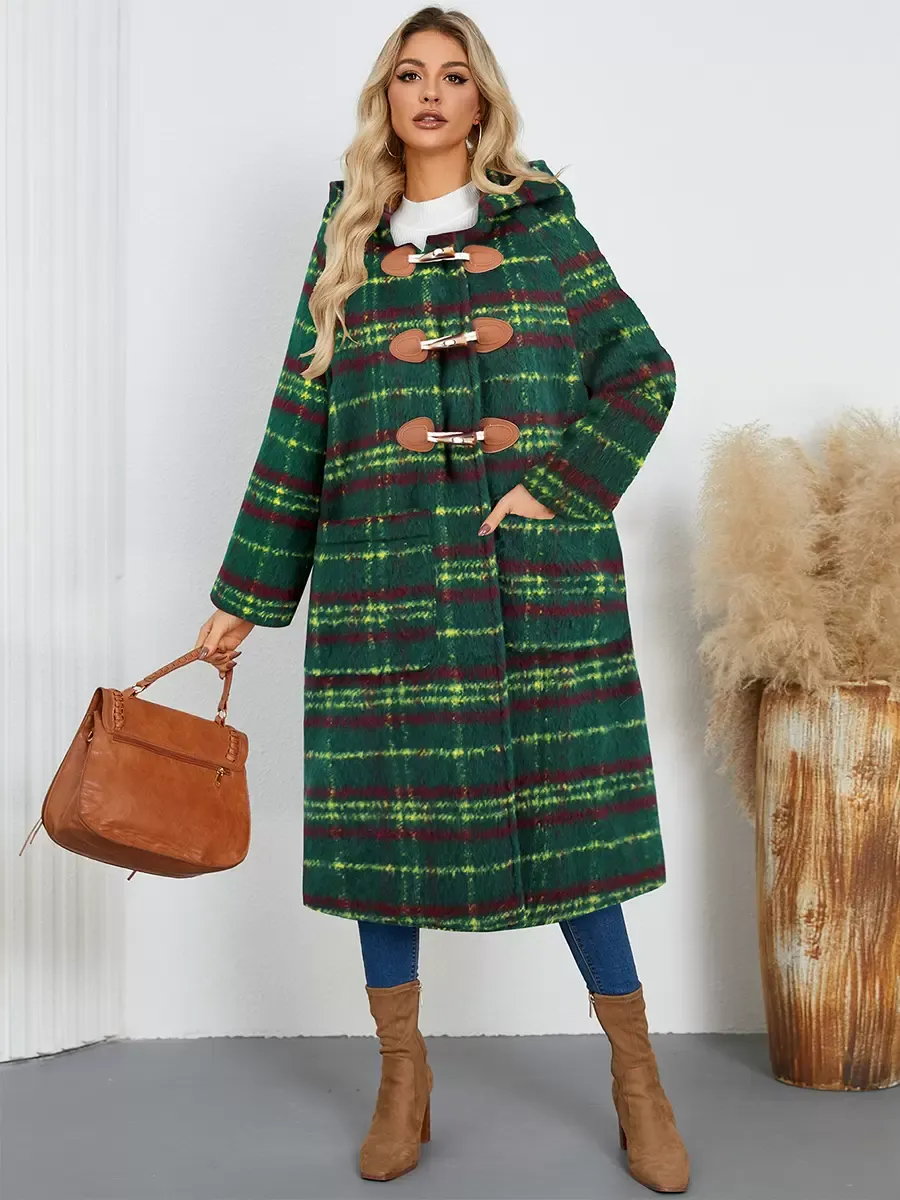 Winter Coats Green Hooded Buttons Front Button Long Sleeves Plaid Outerwear