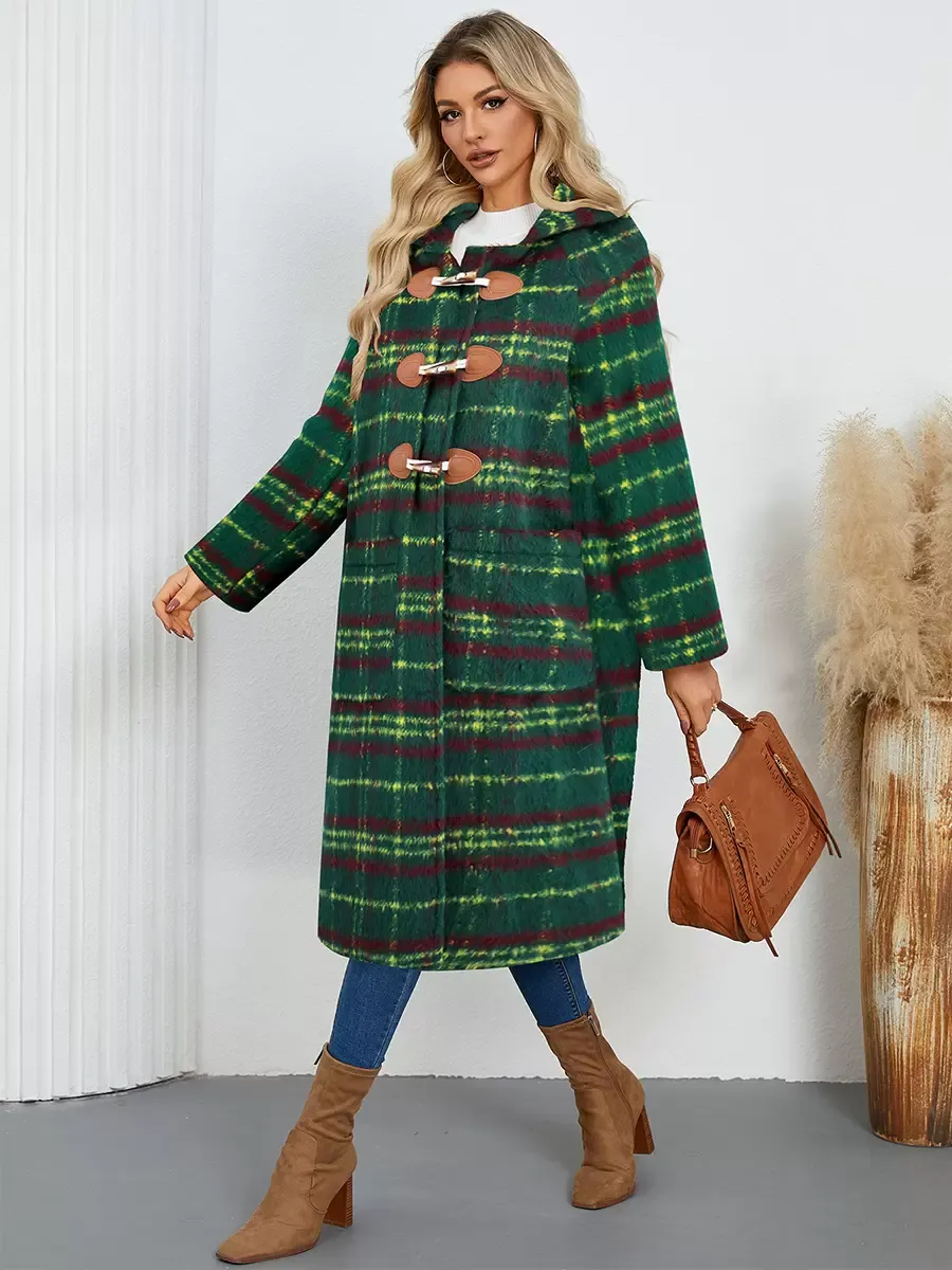 Winter Coats Green Hooded Buttons Front Button Long Sleeves Plaid Outerwear