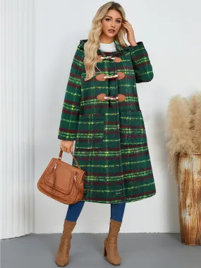 Winter Coats Green Hooded Buttons Front Button Long Sleeves Plaid Outerwear