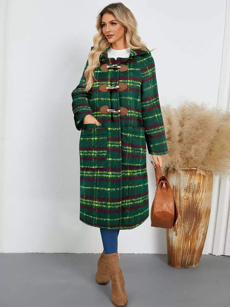 Winter Coats Green Hooded Buttons Front Button Long Sleeves Plaid Outerwear