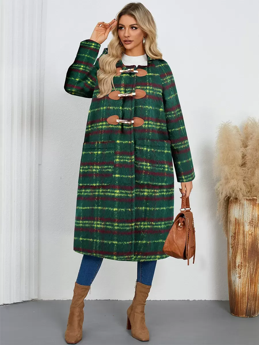 Winter Coats Green Hooded Buttons Front Button Long Sleeves Plaid Outerwear