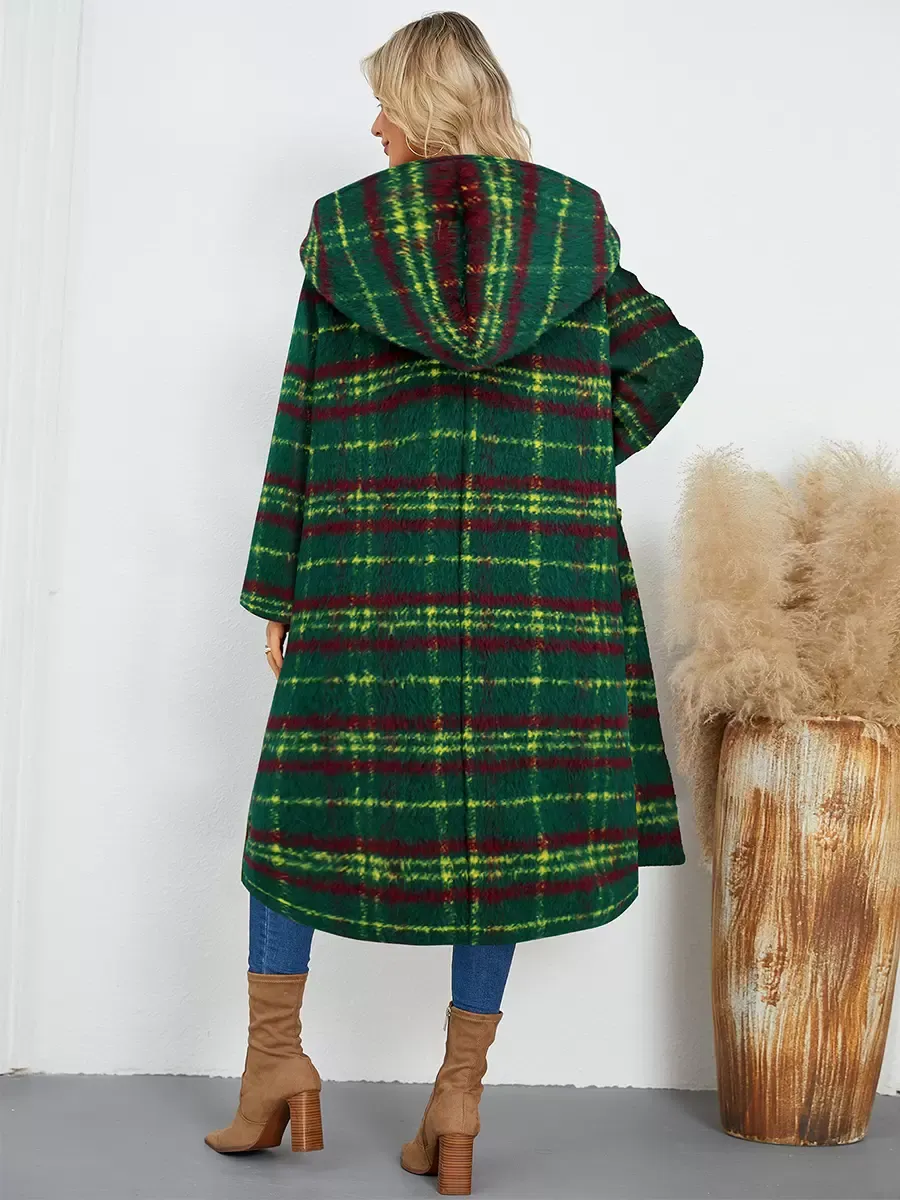 Winter Coats Green Hooded Buttons Front Button Long Sleeves Plaid Outerwear