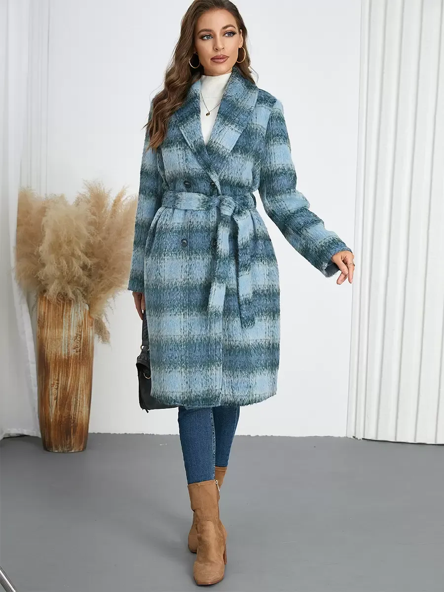 Winter Coats Yellow Turndown Collar Buttons Lace-up Long Sleeves Plaid Outerwear