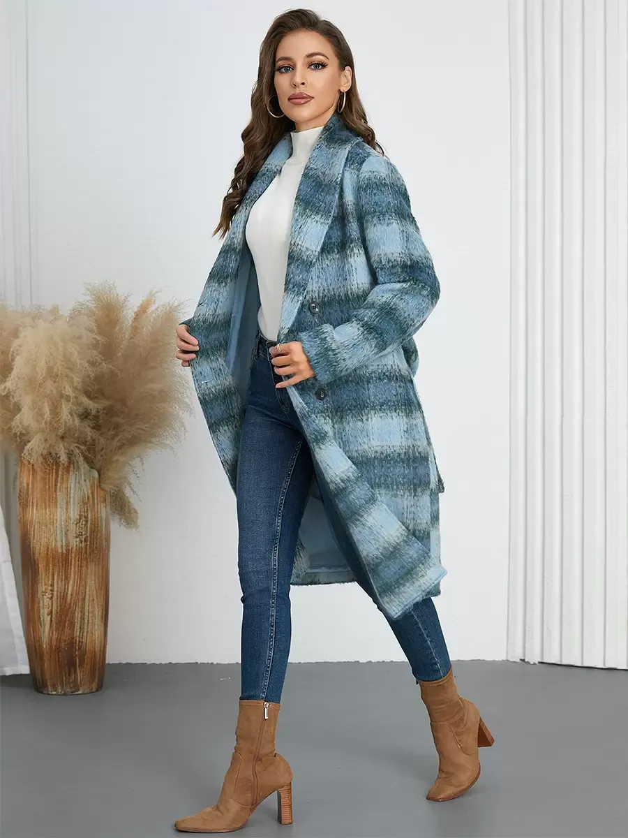 Winter Coats Yellow Turndown Collar Buttons Lace-up Long Sleeves Plaid Outerwear