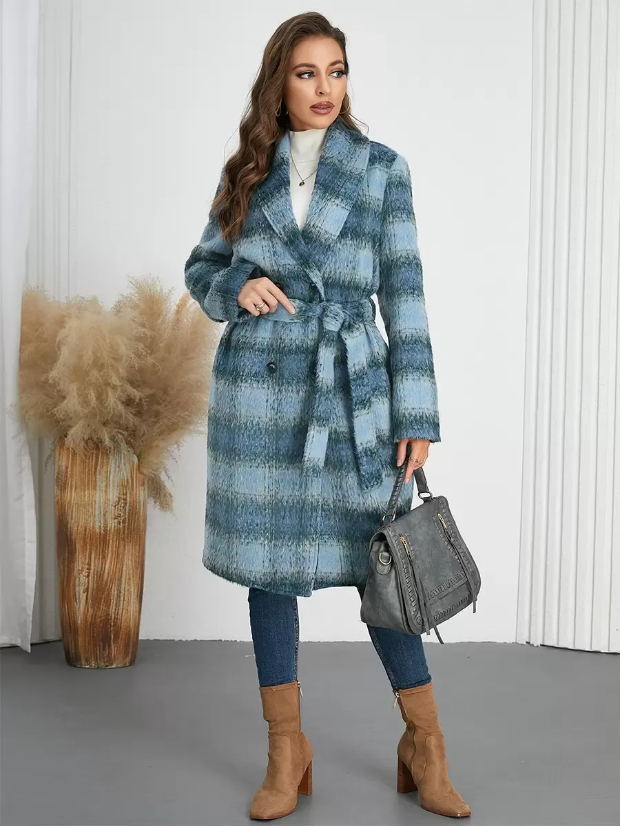 Winter Coats Yellow Turndown Collar Buttons Lace-up Long Sleeves Plaid Outerwear