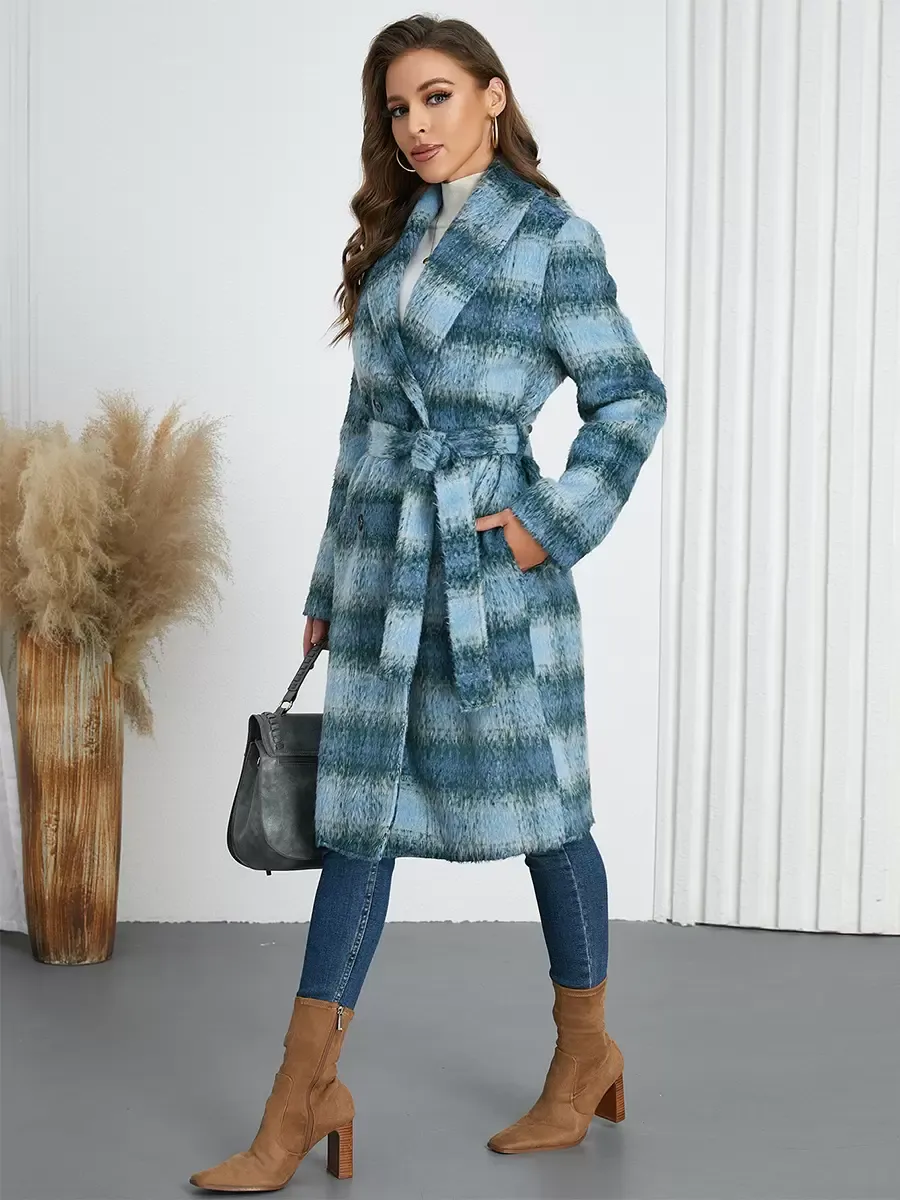 Winter Coats Yellow Turndown Collar Buttons Lace-up Long Sleeves Plaid Outerwear