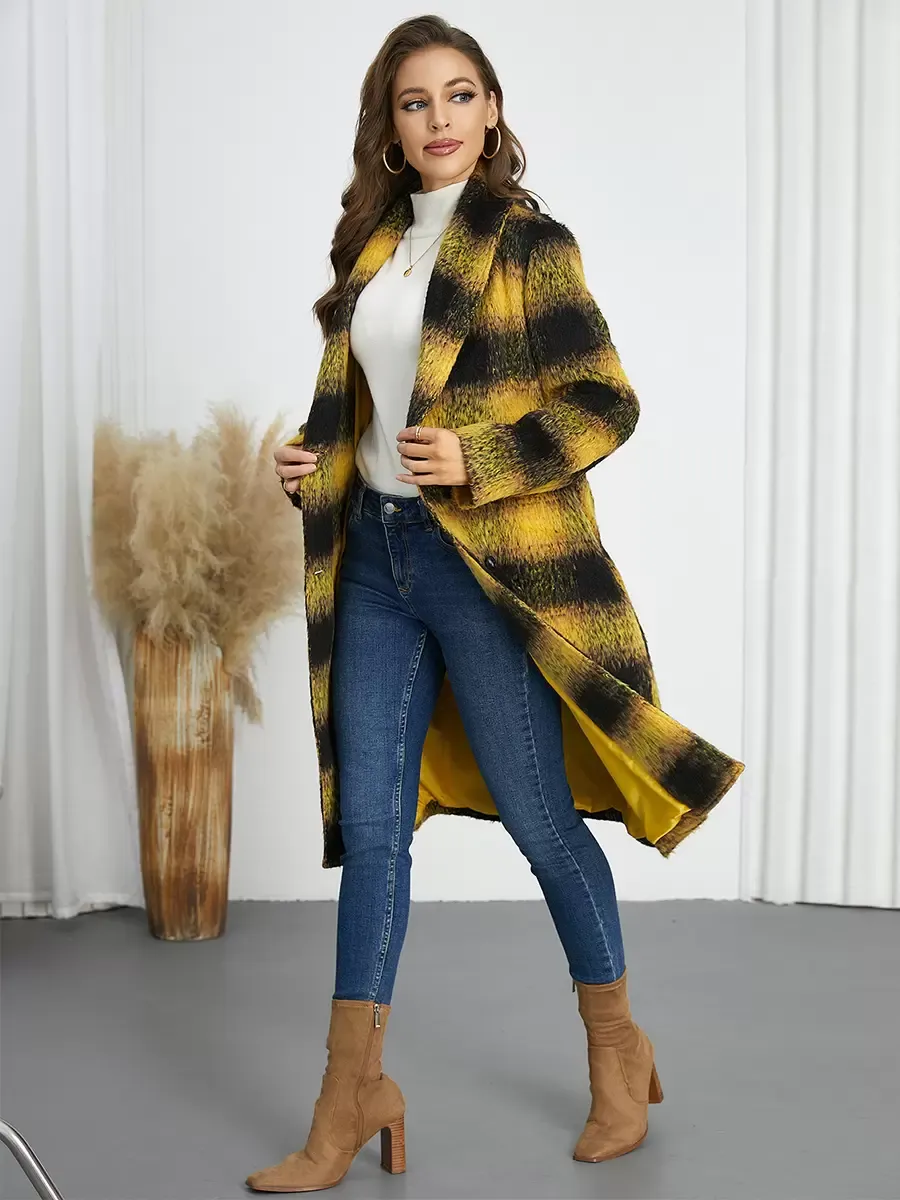 Winter Coats Yellow Turndown Collar Buttons Lace-up Long Sleeves Plaid Outerwear