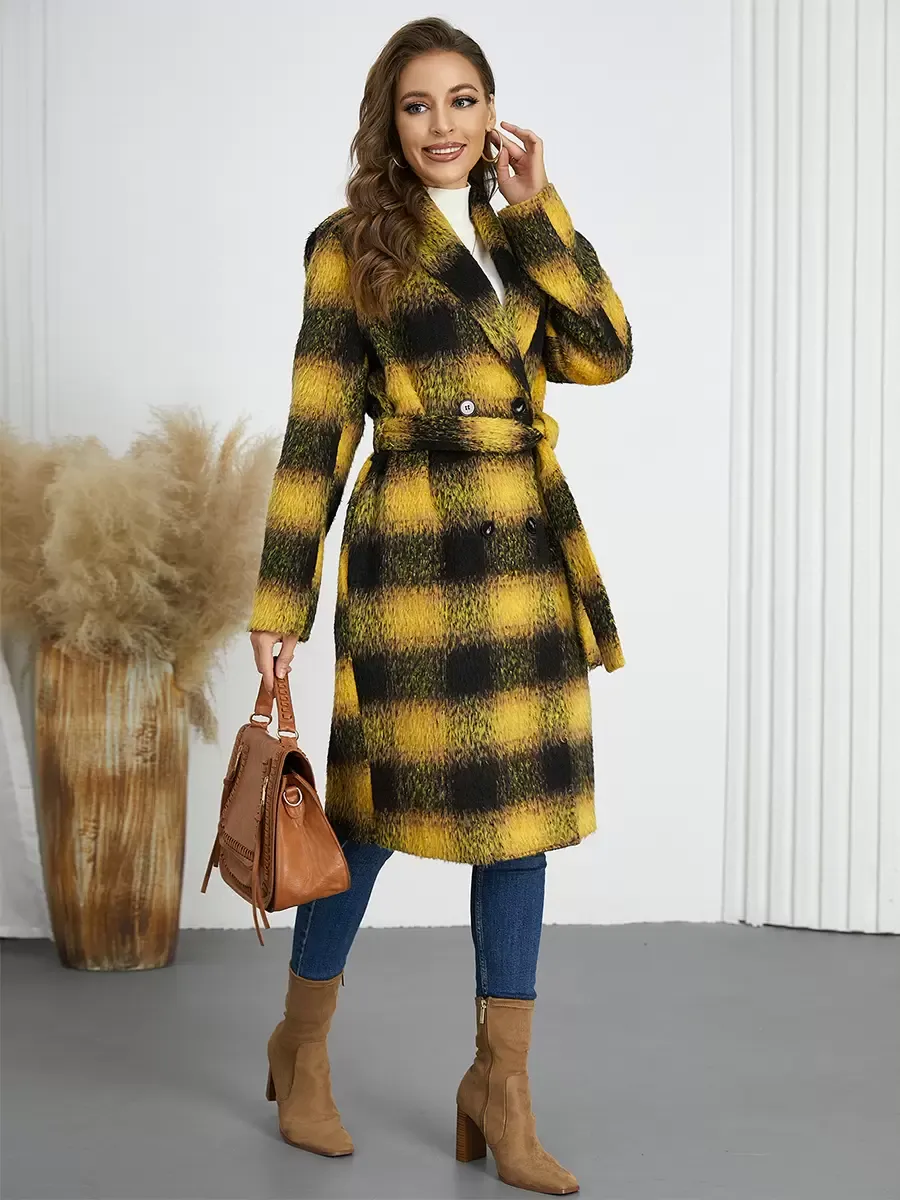 Winter Coats Yellow Turndown Collar Buttons Lace-up Long Sleeves Plaid Outerwear