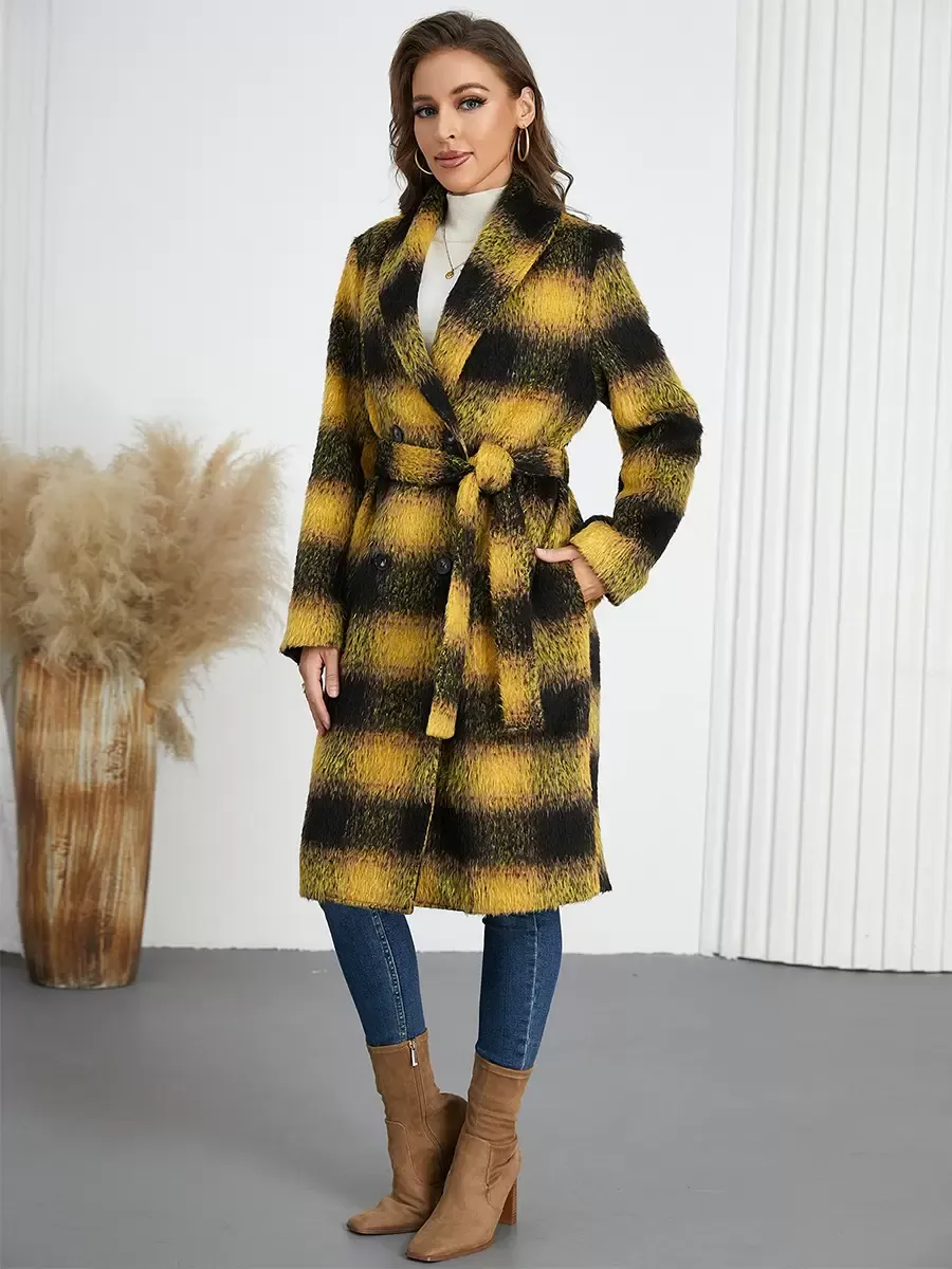 Winter Coats Yellow Turndown Collar Buttons Lace-up Long Sleeves Plaid Outerwear