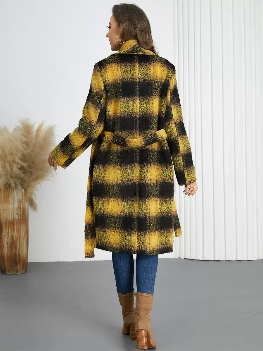 Winter Coats Yellow Turndown Collar Buttons Lace-up Long Sleeves Plaid Outerwear