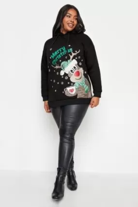 YOURS Curve Black 'Merry Christmas' Reindeer Print Hoodie